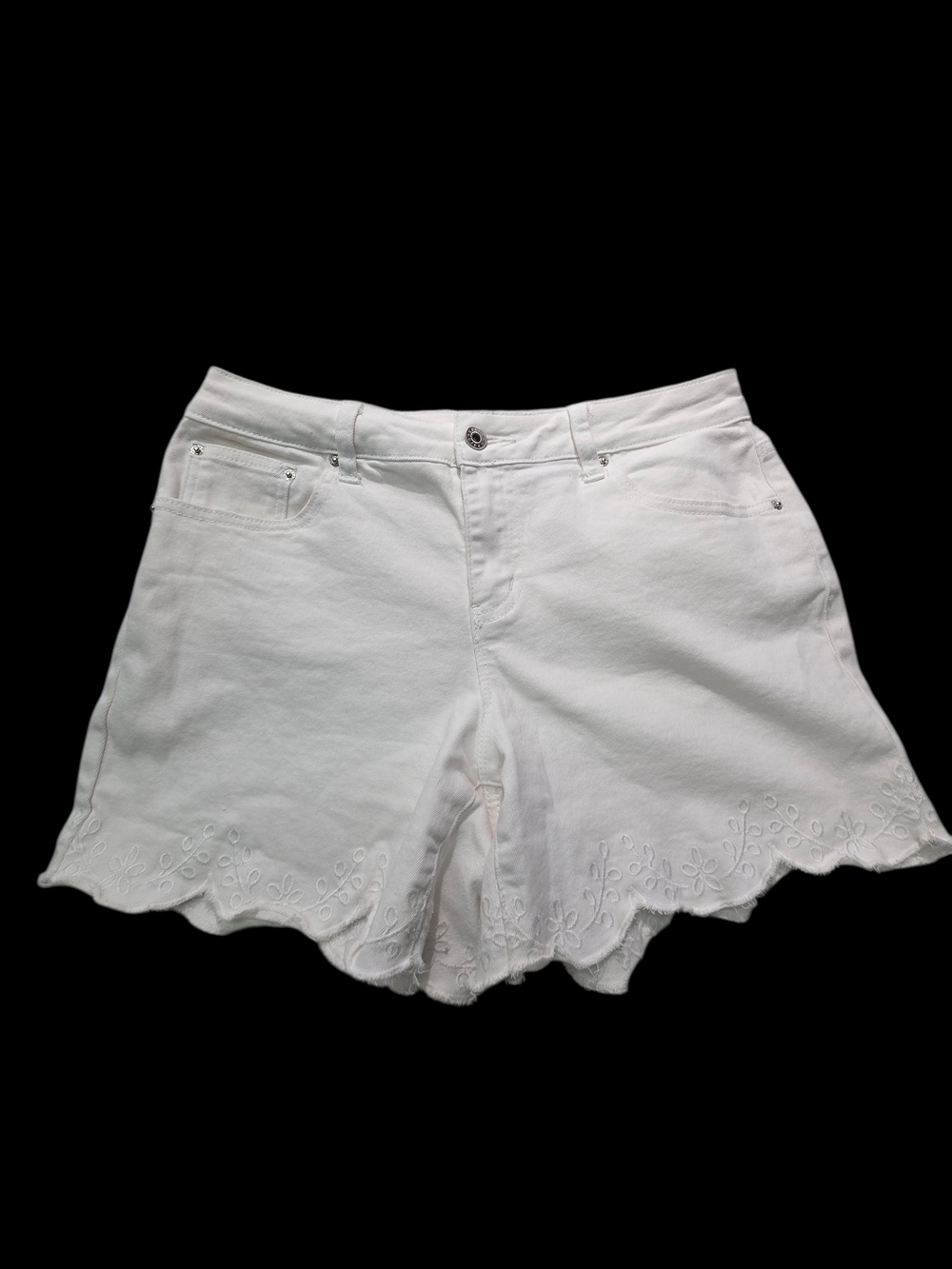 Womens White Denim Scalloped Hem Embroidered Shorts
